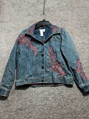 Coldwater Creek Womens Denim Blue Jean Jacket with Pink Embellished Size Medium